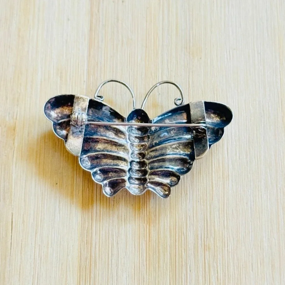 Art Deco Sterling Silver Butterfly Moth Brooch Pin VTG Candy Gemstone Cabochon